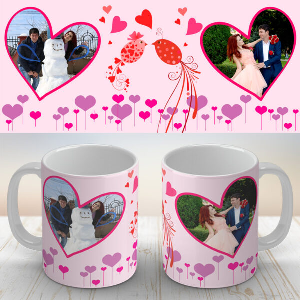 Cană personalizată cu 2 fotografii și păsărele
